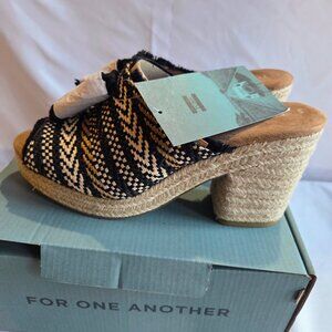 TOMS Junie Block Heel Espadrille Mule Black Geometric Woven Tassel Size 8 NW